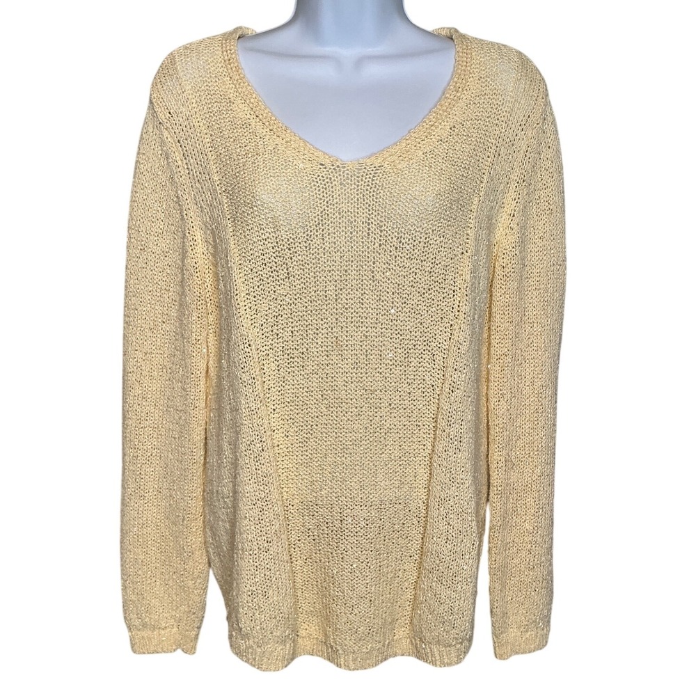 Chico's Womens‎ Cream Knit Sweater Sz 2 Large Sequins Coastal Chic Slouchy Boho